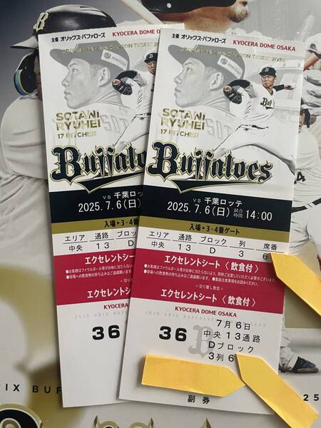 京セラ オリックスバファローズvs 千葉ロッテ 7月6日 試合開始14:00 エクセレントシート バックネット裏3列目60番台2枚セット