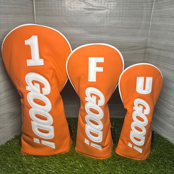 ゴルフヘッドカバー3点セット ドライバー用 フェアウェイウッド用 ユーティリティ用 GOODオレンジ