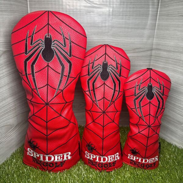 ゴルフヘッドカバー3点セット ドライバー用 フェアウェイウッド用 ユーティリティ用 赤スパイダー