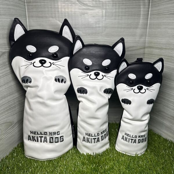 ゴルフヘッドカバー3点セット ドライバー用 フェアウェイウッド用 ユーティリティ用 秋田犬黒