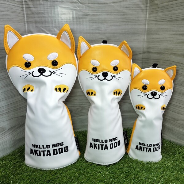 ゴルフヘッドカバー3点セット ドライバー用 フェアウェイウッド用 ユーティリティ用 秋田犬黄色