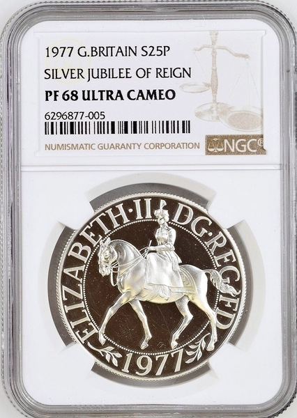 1977年 英国 イギリス シルバージュビリー 女王 エリザベス 2世 即位記念 25P プルーフ 銀貨 NGC PF68 ULTRA CAMEO