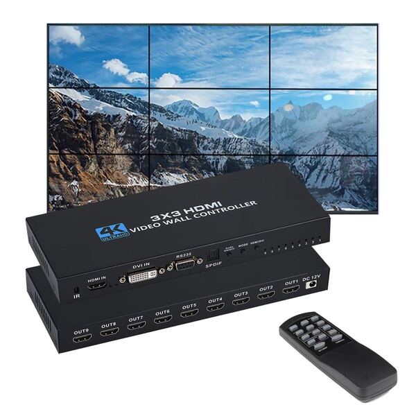 ③3x3 HDMI ビデオウォールコントローラー 4K x 2K 映像入力 9 出力 リモコン付き、縁消し、180°回転切り替え、13つのディスプレイモード