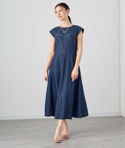 美品 ANAYI アナイ 24SS デニムライクフレアワンピース フレンチスリーブ 38