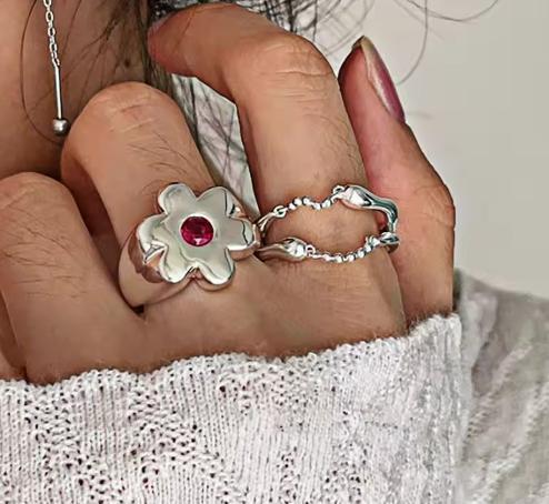 1088 シルバー S925 刻印 フラワー リング 2個セット 11号 14号 指輪 ジュエリー アクセサリー 花 シンプル かわいい 銀 レディース 女性