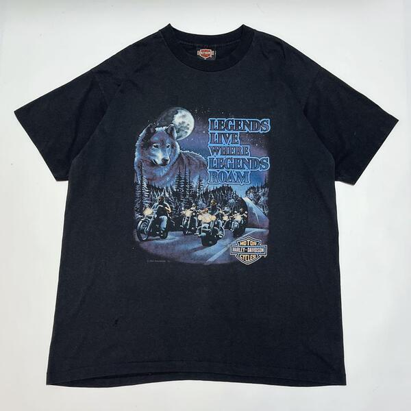 90's HARLEY DAVIDSON ハーレーダビッドソン USA製 アメリカ製 ビンテージTシャツ XL 黒 ブラック 狼 シングルステッチ HTK6778