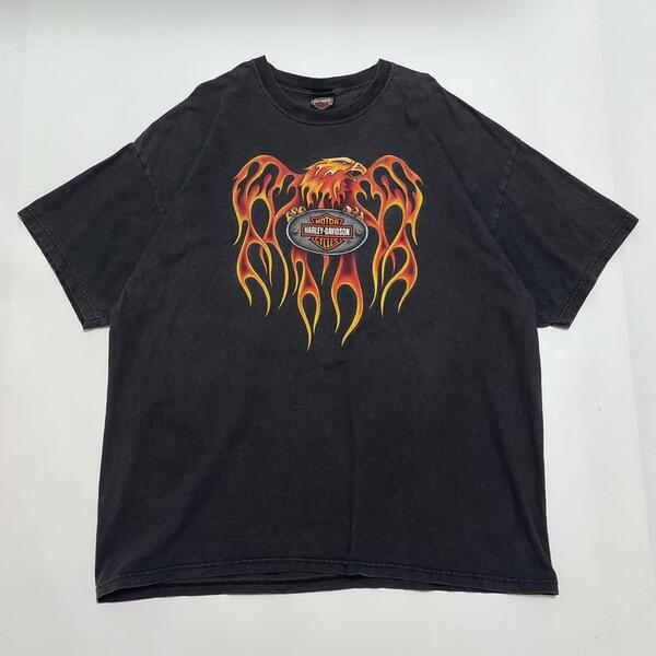 00's HARLEY DAVIDSON ハーレーダビッドソン USA製 アメリカ製 ハーレーTシャツ 2XL 黒 ブラック フレイムス イーグル Y2K HTK6815