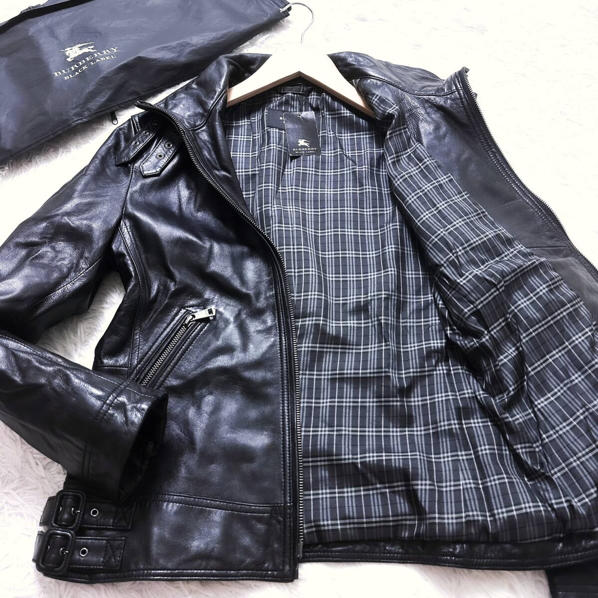 美品 バーバリーブラックレーベル ライダースジャケット M ノバチェック レザー Yahoo!オークション -「burberry black label レザーライダース
