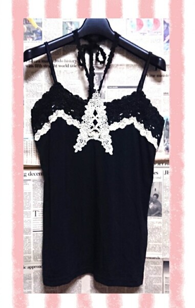 《美品》【axes femme ホルターネック キャミソール】M りぼん 黒 白 レース かわいい Mサイズ 花 可愛い デザイン トップス インナー