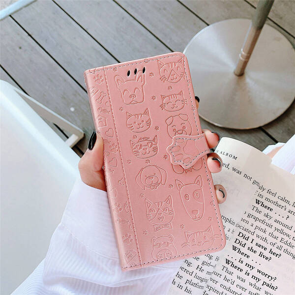 iPhone 13 14 ケース 手帳型 CAT DOG 猫 犬 エンボス加工 ローズゴールド