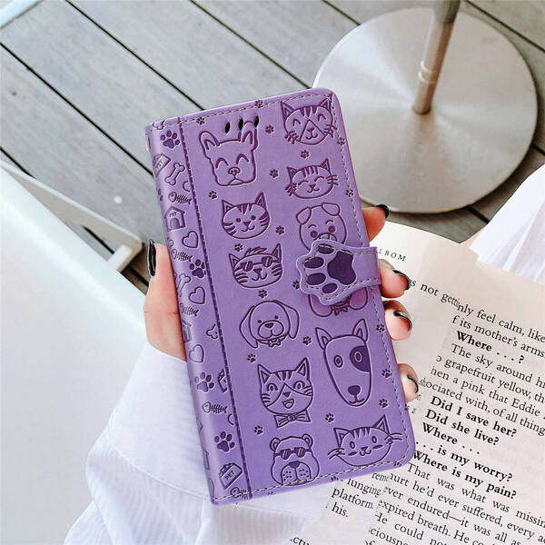 iPhone 7 8 SE2 SE3 SE (第2世代/第3世代) ケース 手帳型 CAT DOG 猫 犬 エンボス加工 パープル 紫