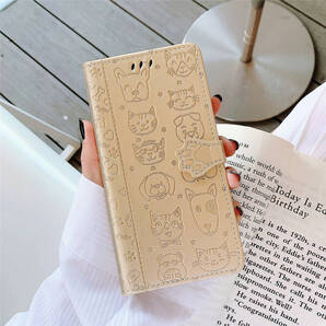 iPhone 13 14 ケース 手帳型 CAT DOG 猫 犬 エンボス加工 ゴールド GOLD