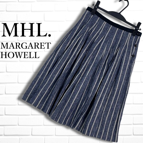 ◆良品◆ MHL. MARGARET HOWELL マーガレットハウエル リネン 麻 ストライプ スカート レディース 2 ◆日本製 送料無料◆ 0965F◎