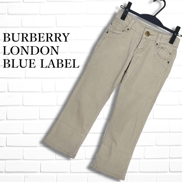 美品 BURBERRY BLUE LABEL バーバリー ブルーレーベル ホース ロゴ 刺繍 アンクル クロップド ワーク パンツ レディース 34 0925F◎