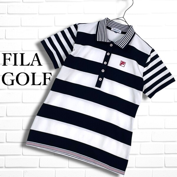 ◆美品◆ FILA GOLF フィラ ゴルフ ストレッチ ロゴ 刺繍 ボーダー 半袖 ポロシャツ ゴルフ ウェア 白 黒 レディース M ◆送料無料 2225F◎