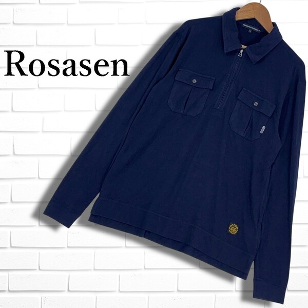 ◆良品◆ Rosasen ロサーセン ロゴ 刺繍 ストレッチ ハーフジップ 長袖 シャツ ポロシャツ ゴルフ ウェア 紺 ネイビー メンズ M 2835F□