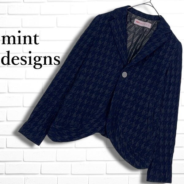 ◆美品◆ mint designs ミントデザインズ 総柄 ストレッチ ブレザー テーラード ジャケット 紺 ネイビー レディース F ◆日本製◆ 3365F□