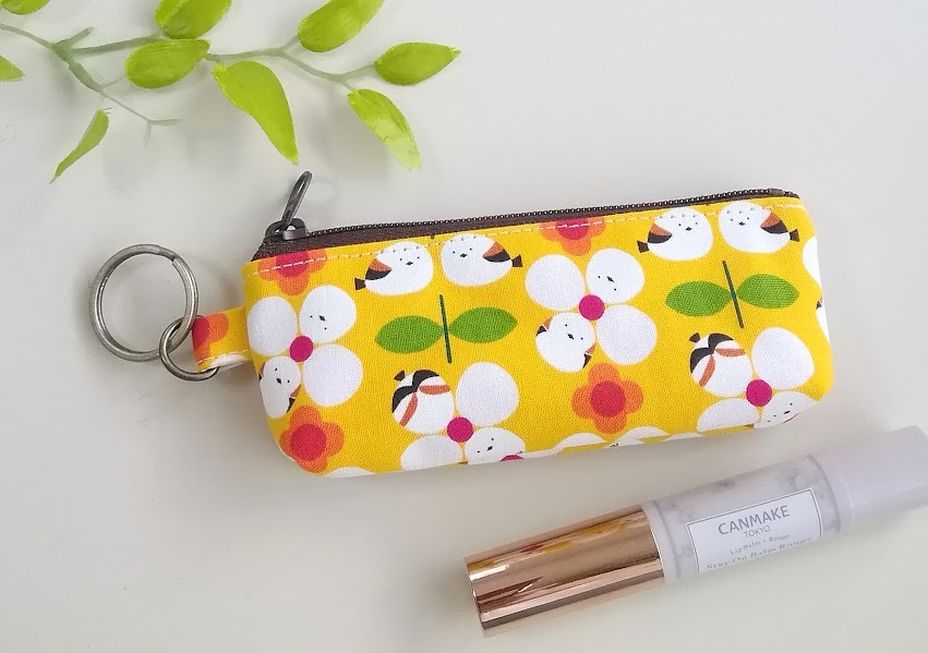 ハンドメイド〈キーリング付き〉 横長ミニポーチ　レトロポップ＊シマエナガ　(12