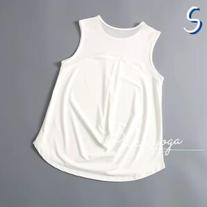 ホワイトSサイズ メッシュ切り替えタンクトップ ヨガウェア ピラティス パットなしトップス ピラティス スポーツトップス ノースリーブ