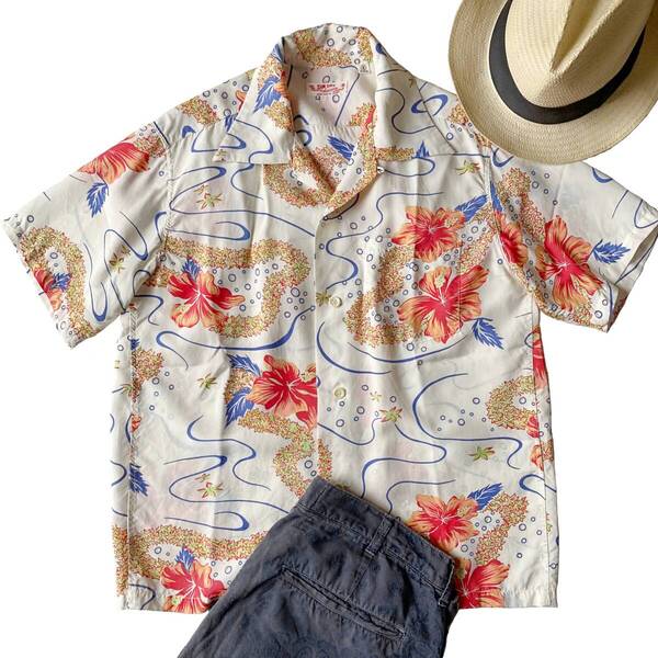 SUN SURF HIBISCUS BY THE SEA サンサーフ ハイビスカス アロハシャツ S オフホワイト ハワイアンシャツ 2014年モデル ヴィンテージ復刻