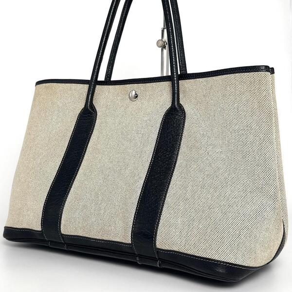エルメス HERMES ガーデンパーティ トワルアッシュ シルバー金具 PM ブラック レザー トートバッグ ナチュラル