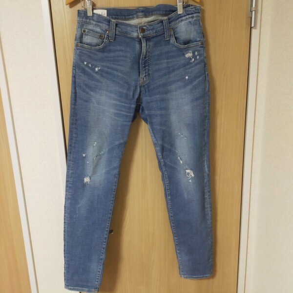 BIG JOHN ビッグジョン MMM134N ISKO ストレッチ デニムパンツ ジーンズ ダメージ加工 ジョガーパンツ W32 インディゴブルー