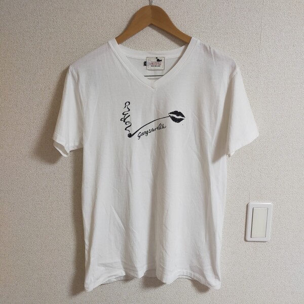 GANGSTERVILLE ギャングスタービル 手書き風プリント 半袖Tシャツ Vネック M ホワイト(白)