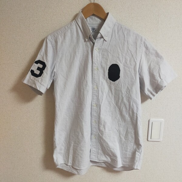a bathing ape ア ベイシング エイプ 大猿刺繍 ナンバリング ボタンダウンシャツ 半袖 L アイスグレー