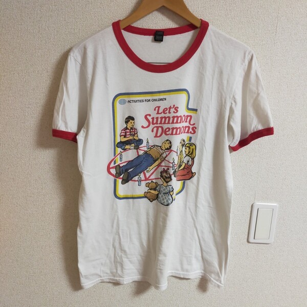 ANVIL Let's Summon Demons リンガーTシャツ 半袖 黒魔術 デーモンの召喚 邪悪な子ども M ホワイト(白)