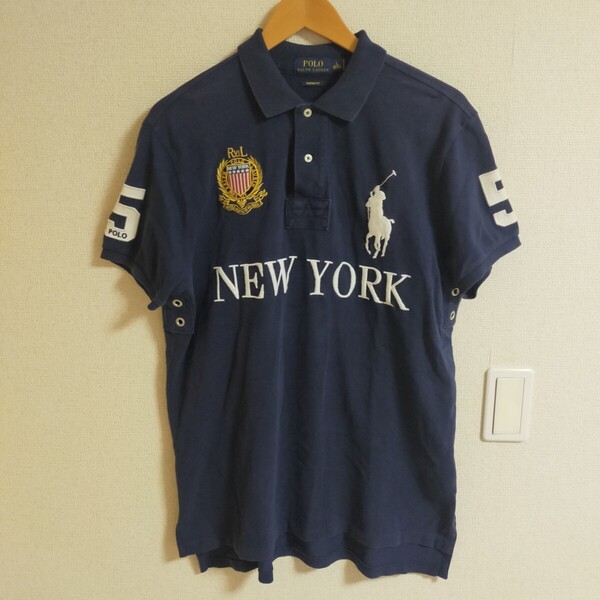 POLO RALPH LAUREN ポロ ラルフローレン 希少人気モデル NEWYORK ニューヨーク刺繍 ビッグポニー ナンバリング ポロシャツ 半袖 L ネイビー