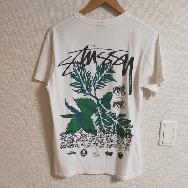 STUSSY ステューシー リーフ柄 両面プリント 半袖Tシャツ 8ボール エイトボール 王冠 ダイス SSロゴ S ホワイト(白)