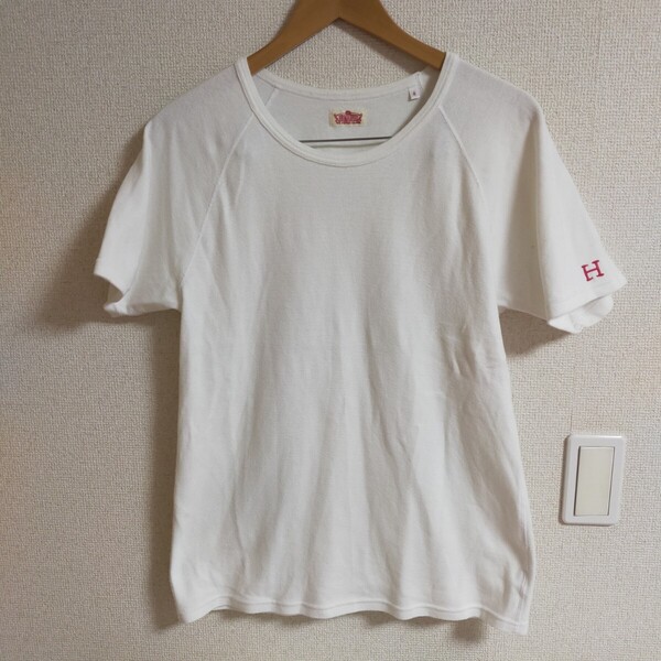ハリウッドランチマーケット HRM ハリラン H刺繍 ストレッチフライス クルーネック 半袖Tシャツ 4(XL) ホワイト×レッド