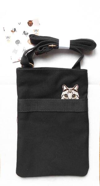 【新品】ネコ刺繍 コットン ショルダーバッグ クロ スマホショルダー ポシェット バッグ