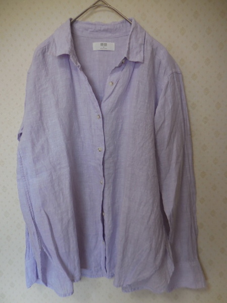 美品 UNIQLO ユニクロ リネン 長袖 ブラウス 長袖シャツ M ラベンダー 藤色 麻 @7月限定送料無料
