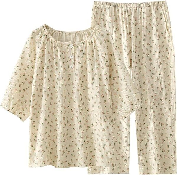パジャマ M レディース 花 半袖 夏 涼しい 綿100% 薄手 肌に優しい 上下セット 七分丈パンツ ルームウェア 部屋着