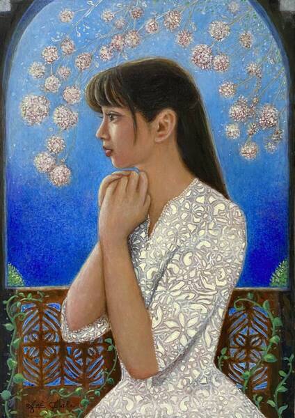 葵風紗 新作 真作 手描き 【Celestial Bloom】一点もの 女の子 イラスト かわいい 油絵 テンペラ 美人画 原画 直筆 肉筆 油彩