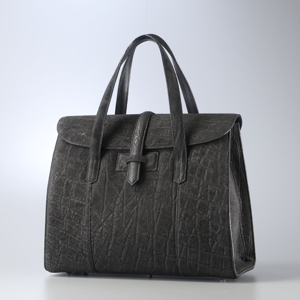 保管品 エレファントレザー ハンドバッグ パッチワーク ブラック タグ付き 金具 保管品 エレファントレザー ハンドバッグ パッチワーク ブラック