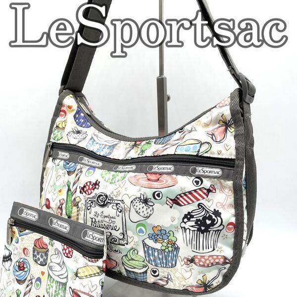 【美品】レスポートサック ショルダーバッグ ポーチ付 スイーツ柄 軽量 ナイロン