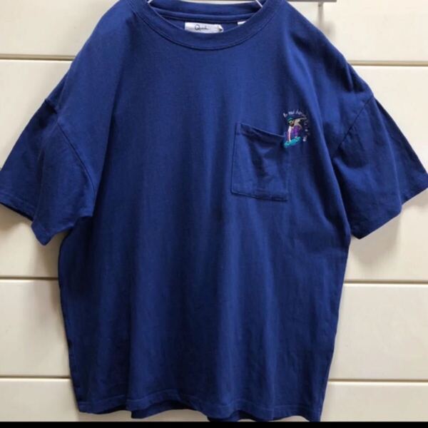 送料込み 胸ポケット付き スケーター 刺繍 USA FABRIC コットン 半袖Tシャツ M ブルー 青 スケートボード 半袖 Tシャツ 綿