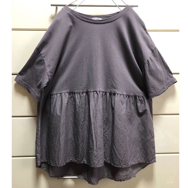 送料込み ギャザー切り替え 異素材 ドッキング コットン 半袖Tシャツ M グレー 半袖 カットソー トップス Tシャツ
