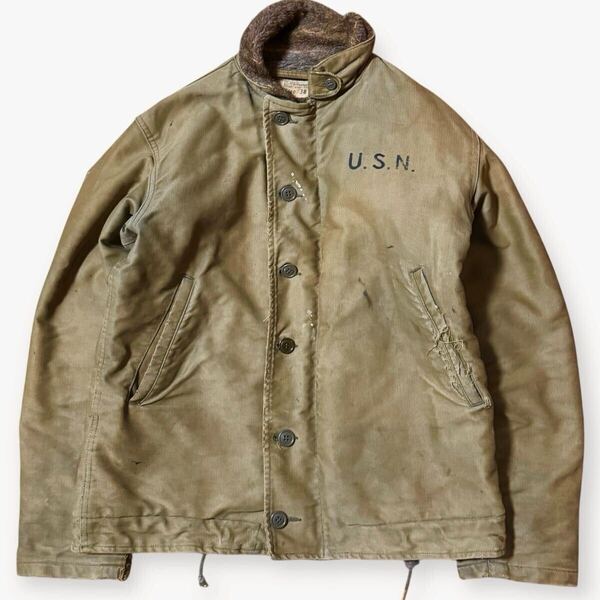 極上 US.NAVY 40's ヴィンテージ N-1 デッキジャケット 73258 サイズ38 ステンシル TALONジッパー 襤褸 ミリタリー