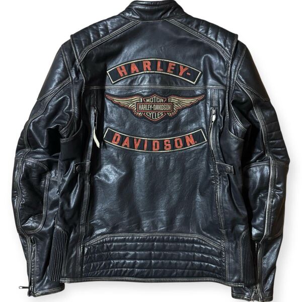 雰囲気抜群 HARLEY DAVIDSON バックロゴ ユーズド加工 W-ZIP シングルライダースジャケット ブラック Mサイズ レザー