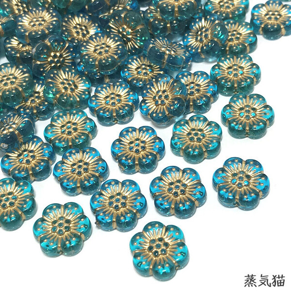 b8480 アンティーク調フラワービーズ ブルーグリーン50個【花柄ピアス イヤリング 手作り材料ハンドメイド アクセサリー素材】蒸気猫パーツ
