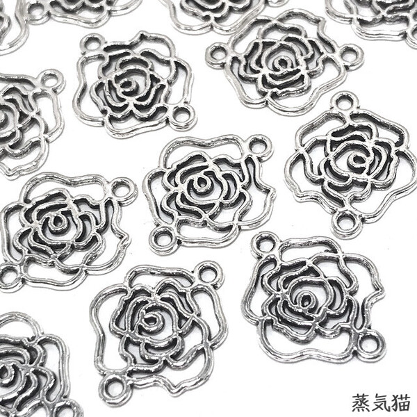 c5935【コネクター】透かし薔薇チャーム 銀古美 20個【花フラワー ピアス イヤリング レジン ハンドメイド アクセサリー素材】蒸気猫パーツ