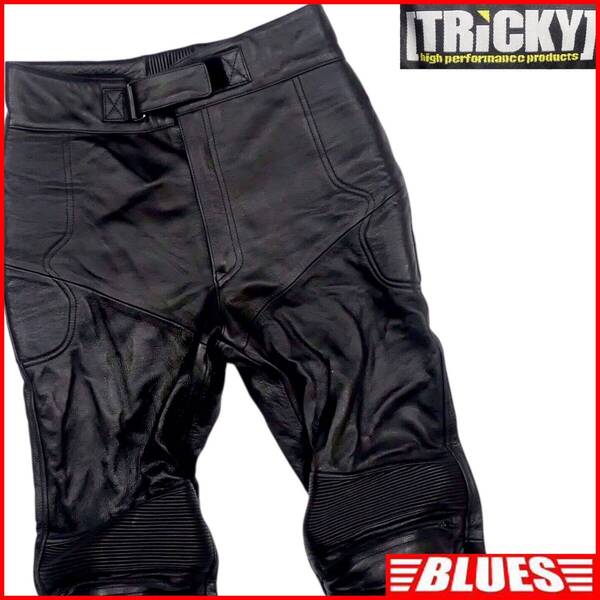 即決★TRICKY★メンズ XL レザーライディングパンツ トリッキー 黒 本革 ライダースパンツ 皮 ヒザパッド 裾ジップ ツーリング レーシング