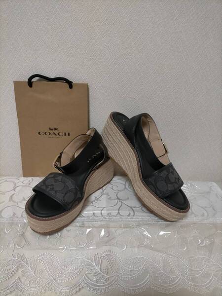 定価47300円☆コーチCOACH ブラックシグネチャーサンダル24.5(美品)エスパドリーユジャガード
