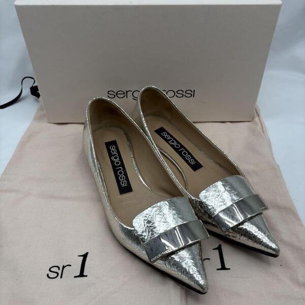 セルジオロッシ sergio rossi sr1 シルバー フラットシューズ プレート 金具 35 大人 きれい目 高級感 上品 大人 カジュアル ロゴ 銀