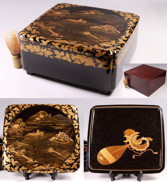 【MA698】時代加賀蒔絵 饅羹重 楼閣山水 楽器唐草 金蒔絵 研出 切金 梨地 木製漆器 饅頭箱 重箱 菓子重 菓子器 / 伝統工芸品 漆芸