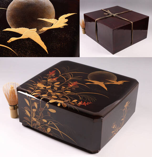 【MA696】時代加賀蒔絵 饅羹重 内梨地 月に雁 秋草 金蒔絵 研出 木製漆器 饅頭箱 重箱 菓子重 菓子器 草花 黒塗 / 伝統工芸品 漆芸