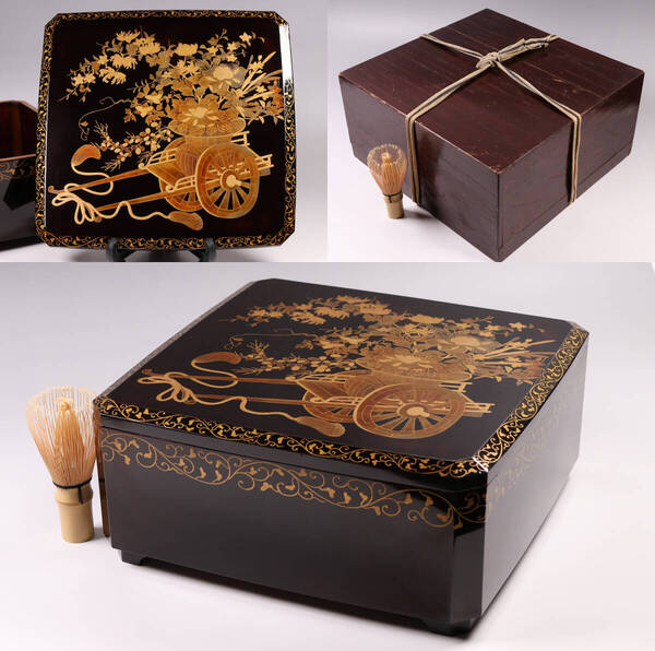 【MA699】時代加賀蒔絵 饅羹重 内梨地 花車 花籠 唐草 金蒔絵 研出 木製漆器 饅頭箱 菓子重 菓子器 草花 黒塗 / 伝統工芸品 漆芸